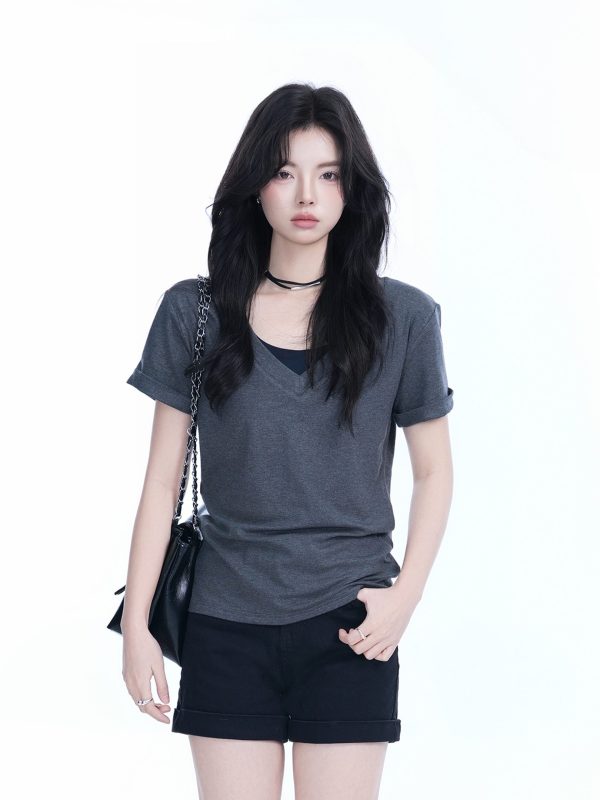 V-Neck Short Sleeve T-Shirt for Women - Solid Color Gray Minimalist Casual Top, Trendy Lazy Style Fashion Essential