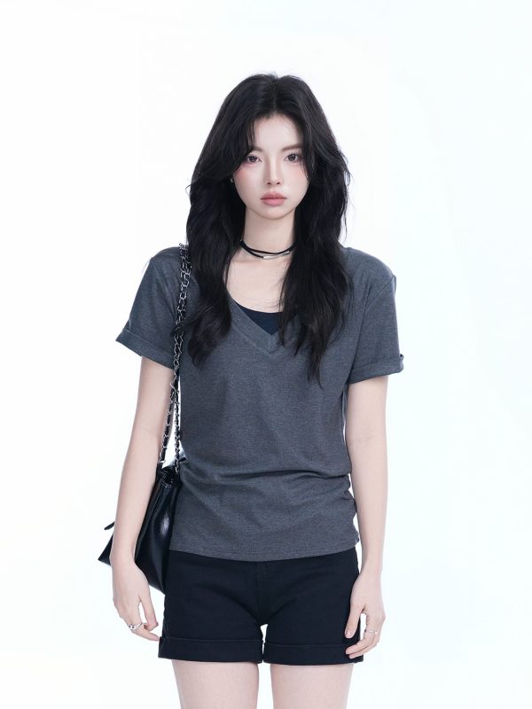 V-Neck Short Sleeve T-Shirt for Women - Solid Color Gray Minimalist Casual Top, Trendy Lazy Style Fashion Essential