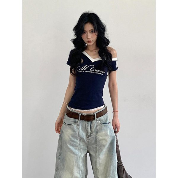 V-Neck Short Sleeve Women's Summer T-Shirt - Spicy Girl Lace Splicing Slim Fit Top - Trendy American Style Fashion