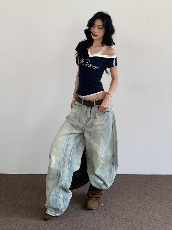 V-Neck Short Sleeve Women's Summer T-Shirt - Spicy Girl Lace Splicing Slim Fit Top - Trendy American Style Fashion