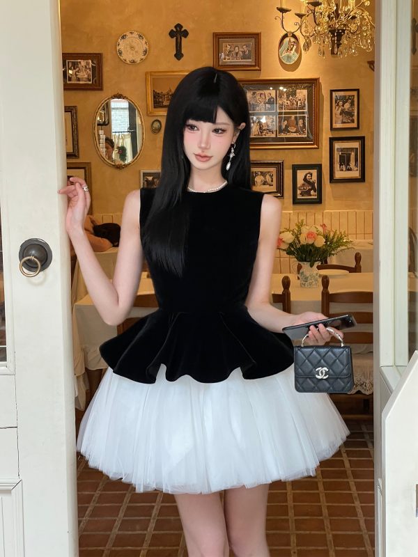 Velvet Spliced Ballet Skirt and Mesh Sleeveless Vest Dress - Princess Style Puff Skirt, Y2K Fashion, 90s Inspired