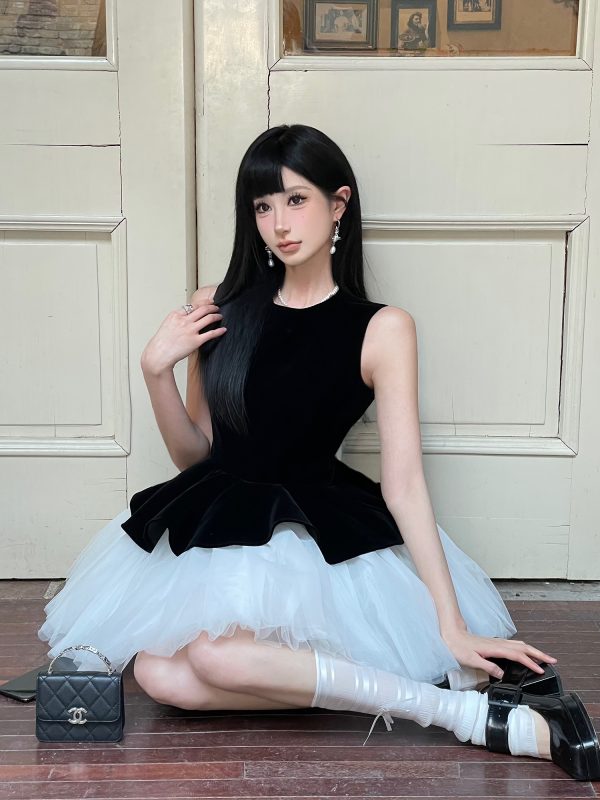 Velvet Spliced Ballet Skirt and Mesh Sleeveless Vest Dress - Princess Style Puff Skirt, Y2K Fashion, 90s Inspired