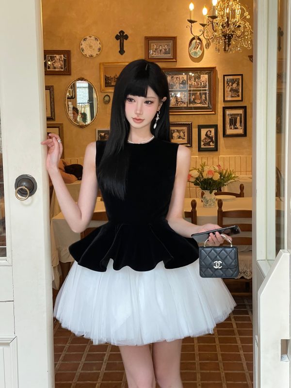 Velvet Spliced Ballet Skirt and Mesh Sleeveless Vest Dress - Princess Style Puff Skirt, Y2K Fashion, 90s Inspired