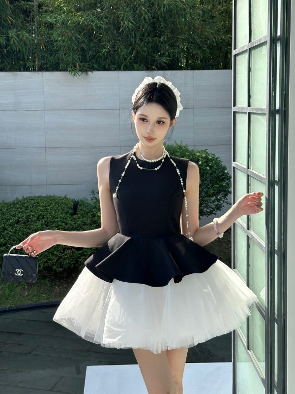 Velvet Spliced Ballet Skirt and Mesh Sleeveless Vest Dress - Princess Style Puff Skirt, Y2K Fashion, 90s Inspired