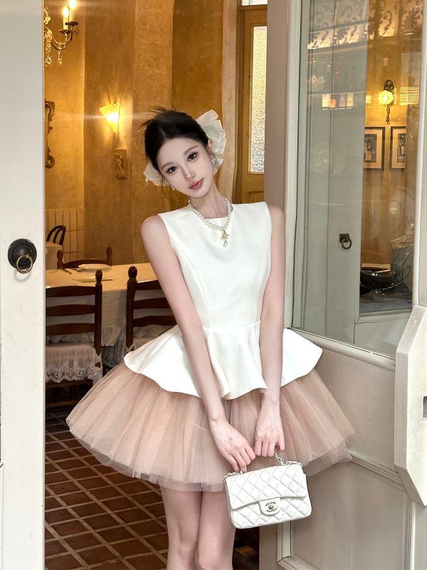 Velvet Spliced Ballet Skirt and Mesh Sleeveless Vest Dress - Princess Style Puff Skirt, Y2K Fashion, 90s Inspired