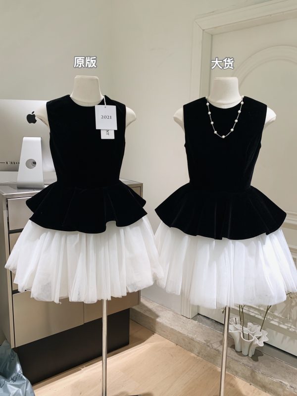Velvet Spliced Ballet Skirt and Mesh Sleeveless Vest Dress - Princess Style Puff Skirt, Y2K Fashion, 90s Inspired