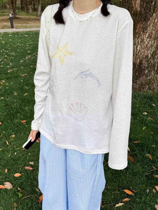 Versatile Long-Sleeve Dolphin Cartoon Print Sun Protection Cover-Up - Slightly Sheer Snowflake Cotton, Casual Korean Style for Women
