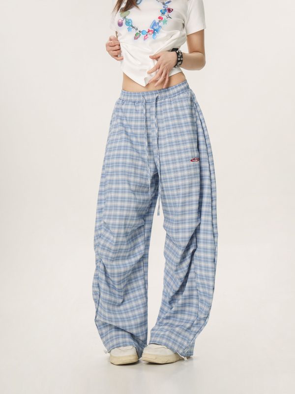 Versatile Plaid Pleated Wide-Leg Pants for Men and Women - Casual Straight Loose Draped Style, Perfect for 90s and Y2K Fashion