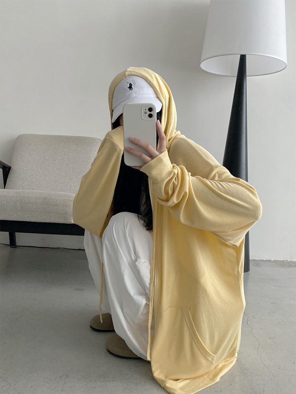 Versatile Slim Fit Loose Hooded Zip-Up Sweatshirt for Women - Cool Feeling Solid Color Sun Protection for Summer