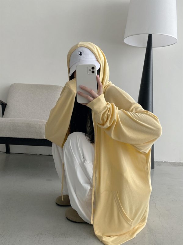 Versatile Slim Fit Loose Hooded Zip-Up Sweatshirt for Women - Cool Feeling Solid Color Sun Protection for Summer