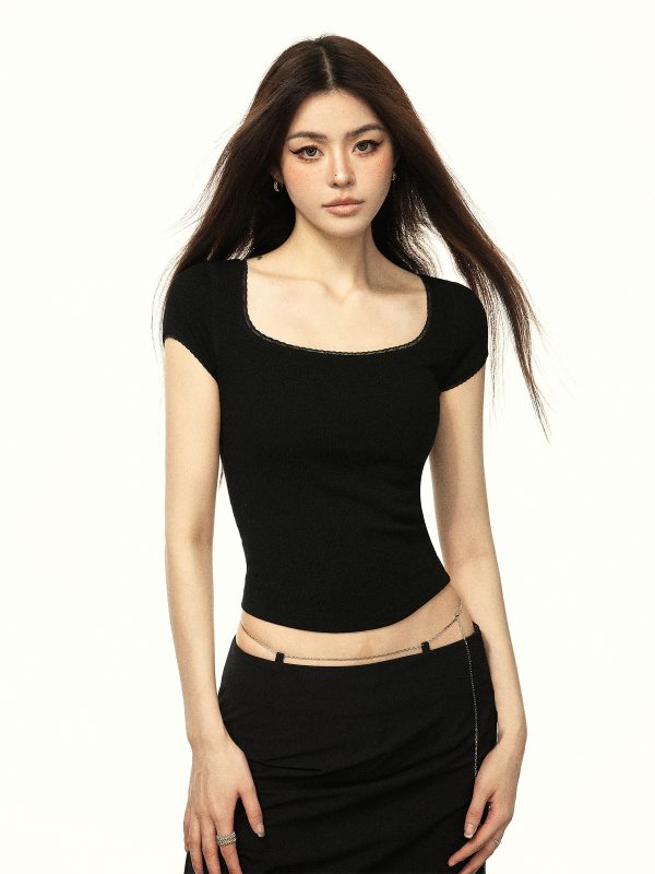 Versatile Square-Neck Cropped T-Shirt for Women - American Style Summer Short Sleeve Top, Collarbone-Revealing Trendy Design