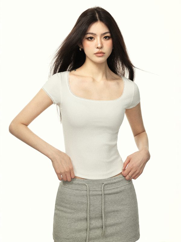 Versatile Square-Neck Cropped T-Shirt for Women - American Style Summer Short Sleeve Top, Collarbone-Revealing Trendy Design