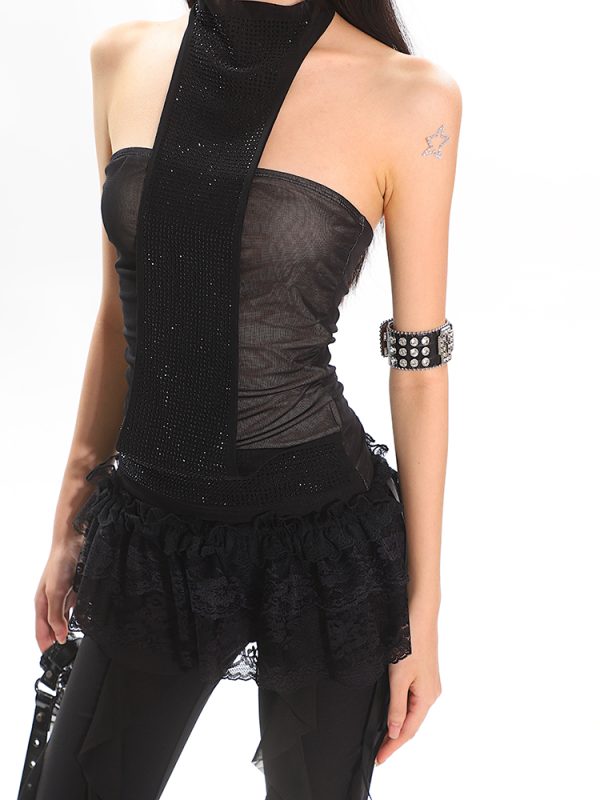 Vietnam-Style Rhinestone-Embellished Halter Top for Women - Summer Fake Two-Piece, Slimming Mesh Design