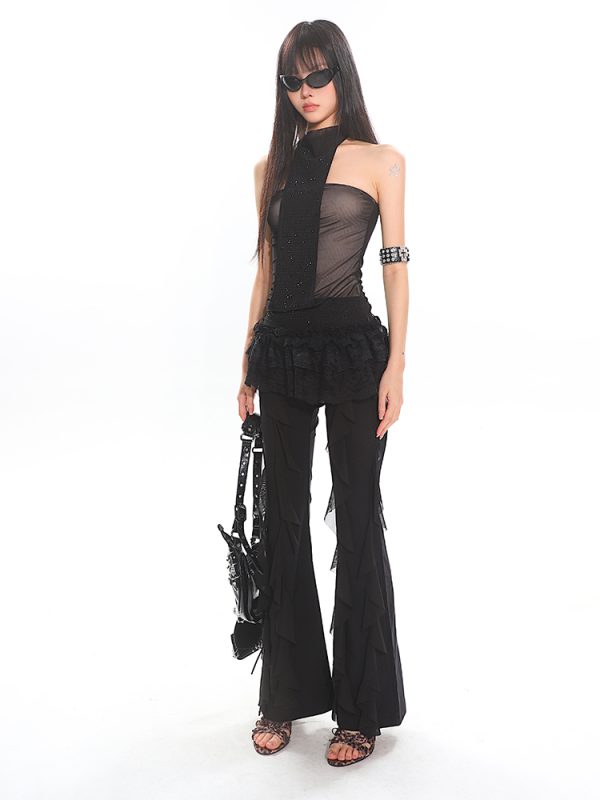 Vietnam-Style Rhinestone-Embellished Halter Top for Women - Summer Fake Two-Piece, Slimming Mesh Design