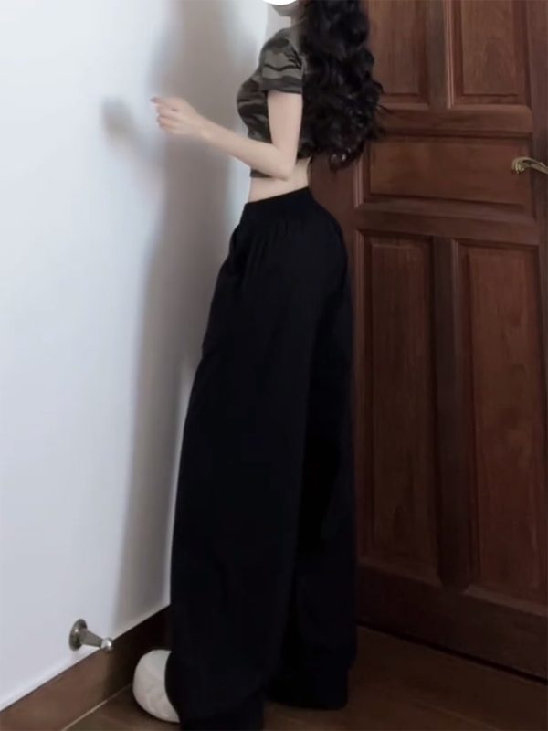 Vintage American Elastic Waist Cargo Pants for Women, Loose Straight Leg Parachute Trousers, Casual 90s Sports Style Floor-Length Pants
