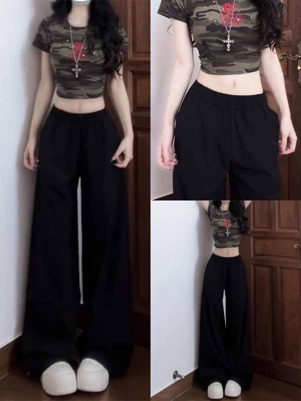 Vintage American Elastic Waist Cargo Pants for Women, Loose Straight Leg Parachute Trousers, Casual 90s Sports Style Floor-Length Pants