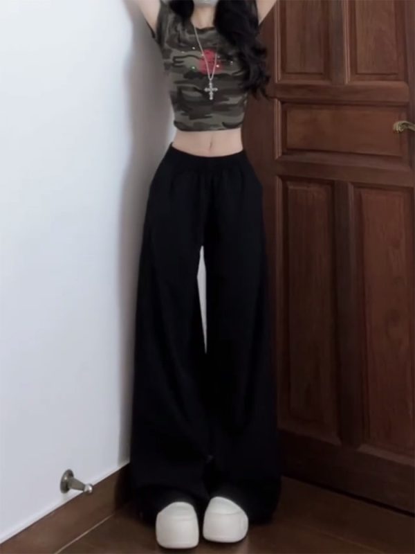 Vintage American Elastic Waist Cargo Pants for Women, Loose Straight Leg Parachute Trousers, Casual 90s Sports Style Floor-Length Pants