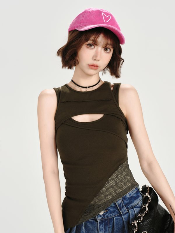 Vintage American Lace Hollow Two-Piece Vest for Women - Slim Fit Summer Top, Versatile Style for Girly Looks