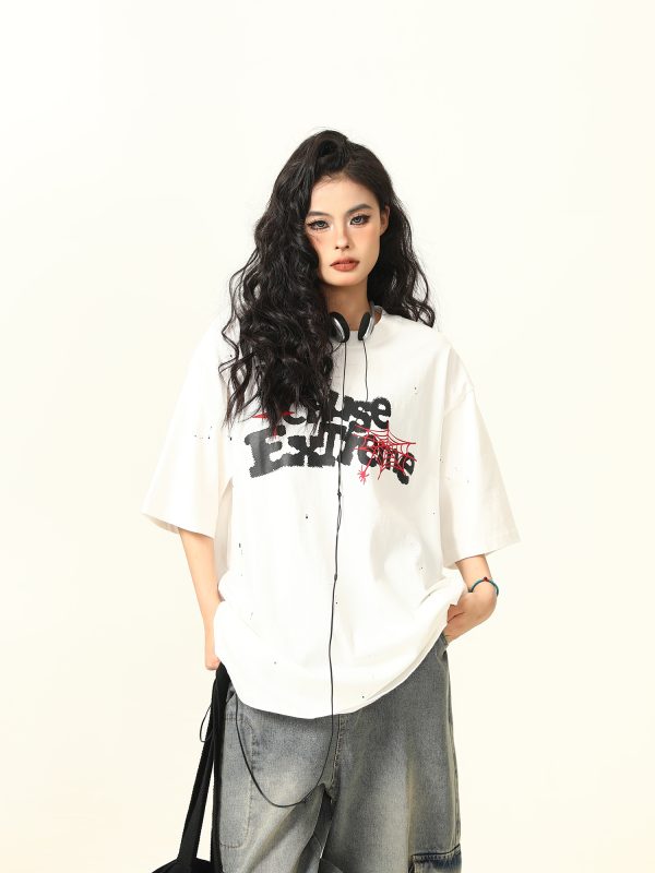 Vintage American Letter Print Heavyweight Unisex Short Sleeve T-Shirt - Versatile 90s Style Loose Fit Round Neck Tee