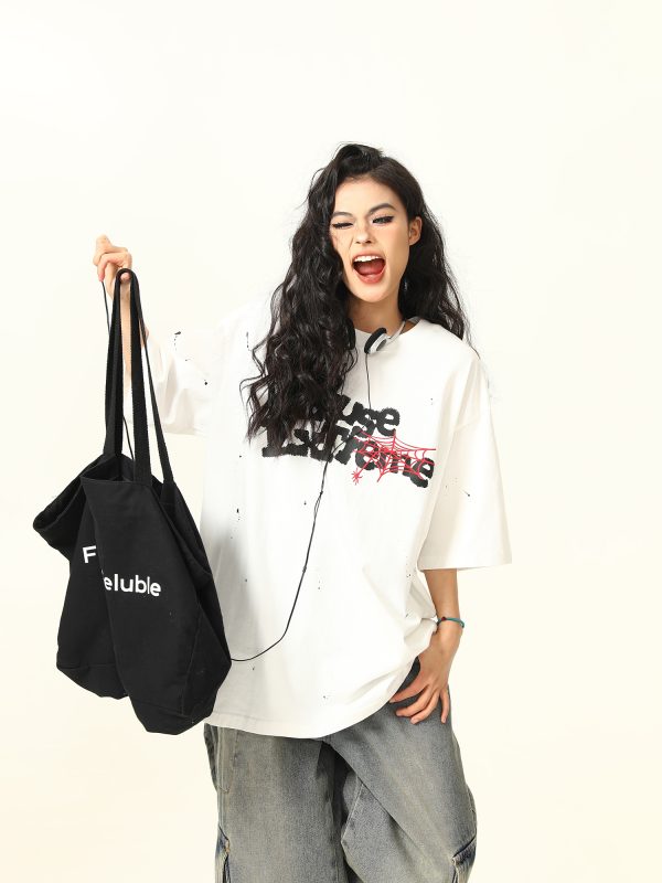 Vintage American Letter Print Heavyweight Unisex Short Sleeve T-Shirt - Versatile 90s Style Loose Fit Round Neck Tee