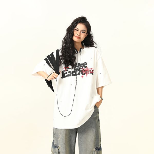 Vintage American Letter Print Heavyweight Unisex Short Sleeve T-Shirt - Versatile 90s Style Loose Fit Round Neck Tee