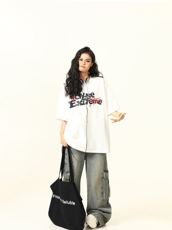 Vintage American Letter Print Heavyweight Unisex Short Sleeve T-Shirt - Versatile 90s Style Loose Fit Round Neck Tee