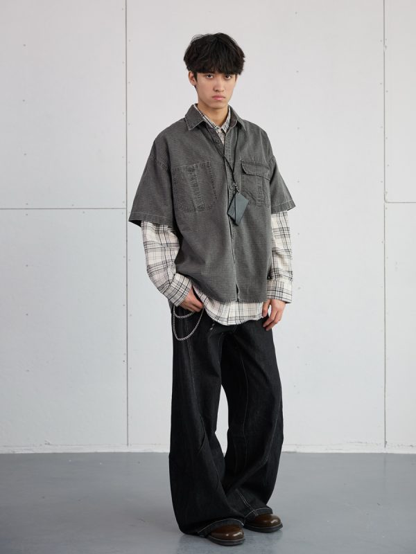 Vintage American Plaid Short-Sleeve Shirt for Men - Retro Workwear Style, Washed Summer Essential 2025