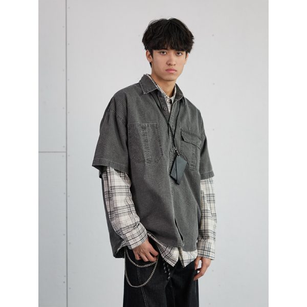 Vintage American Plaid Short-Sleeve Shirt for Men - Retro Workwear Style, Washed Summer Essential 2025