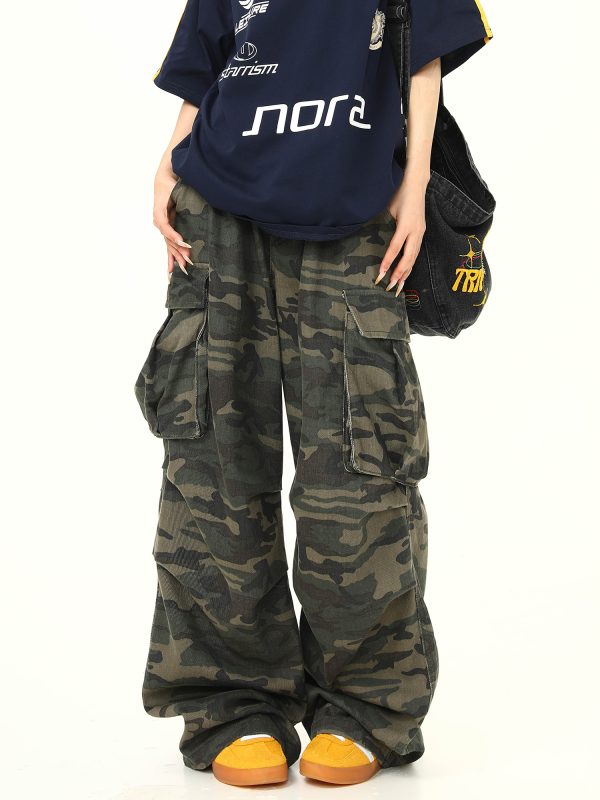 Vintage American Retro Camouflage Work Pants for Women, Washed Finish, Trendy Hip-Hop Street Dance Style