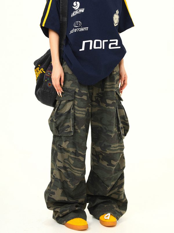 Vintage American Retro Camouflage Work Pants for Women, Washed Finish, Trendy Hip-Hop Street Dance Style