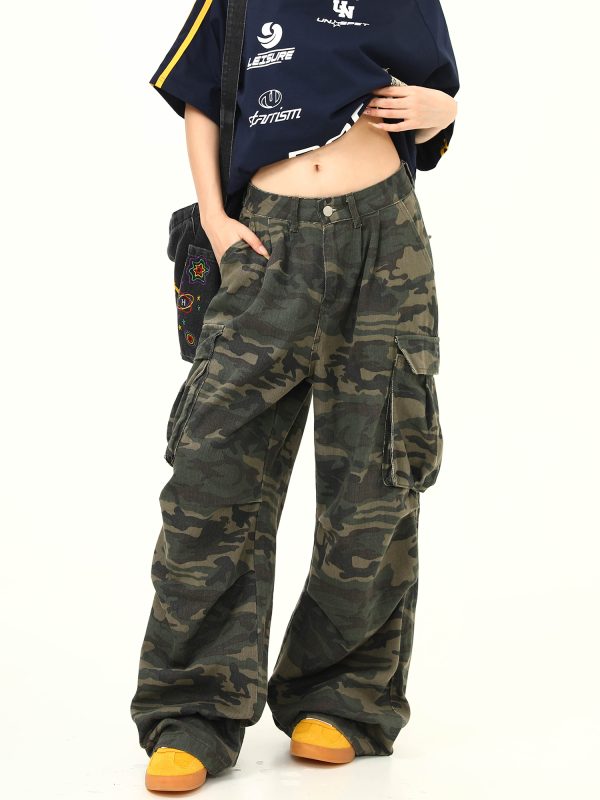 Vintage American Retro Camouflage Work Pants for Women, Washed Finish, Trendy Hip-Hop Street Dance Style
