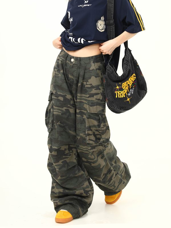 Vintage American Retro Camouflage Work Pants for Women, Washed Finish, Trendy Hip-Hop Street Dance Style