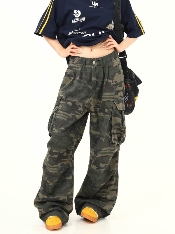 Vintage American Retro Camouflage Work Pants for Women, Washed Finish, Trendy Hip-Hop Street Dance Style