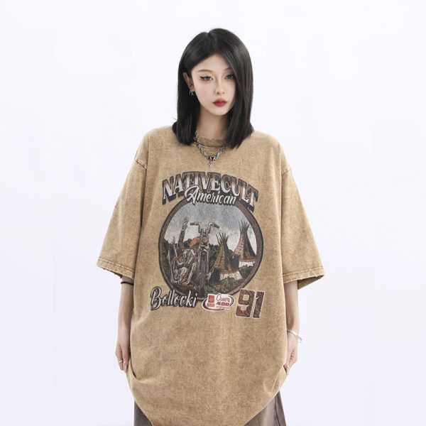 Vintage American Retro High Weight Short Sleeve Women's T-Shirt - Washed Heavy Fabric - High Street Style