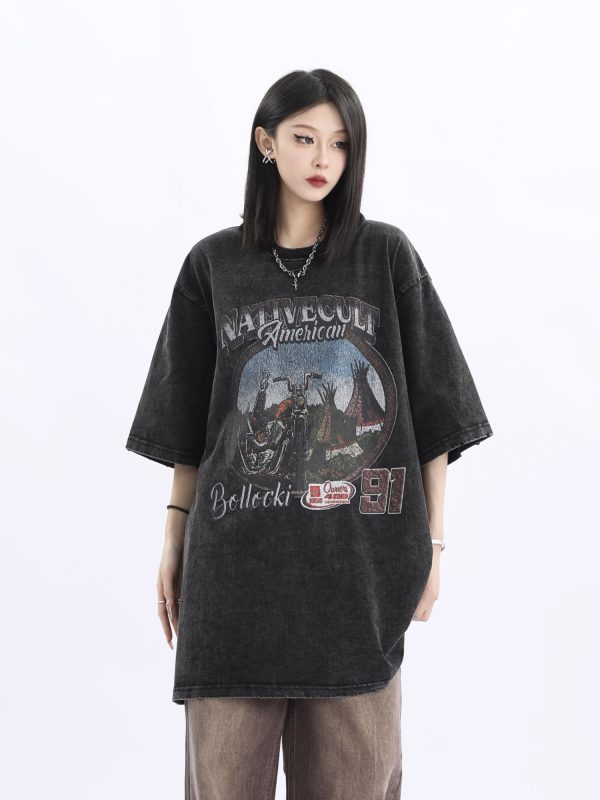 Vintage American Retro High Weight Short Sleeve Women's T-Shirt - Washed Heavy Fabric - High Street Style