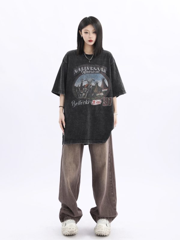 Vintage American Retro High Weight Short Sleeve Women's T-Shirt - Washed Heavy Fabric - High Street Style