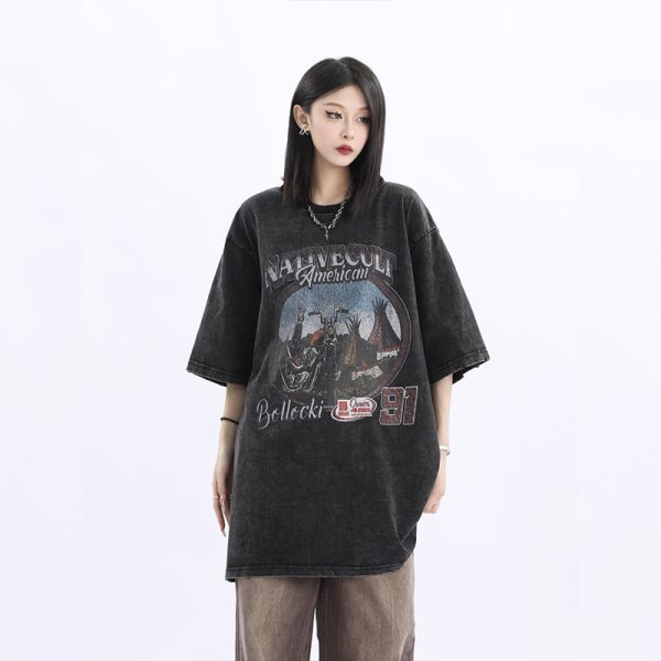 Vintage American Retro High Weight Short Sleeve Women's T-Shirt - Washed Heavy Fabric - High Street Style