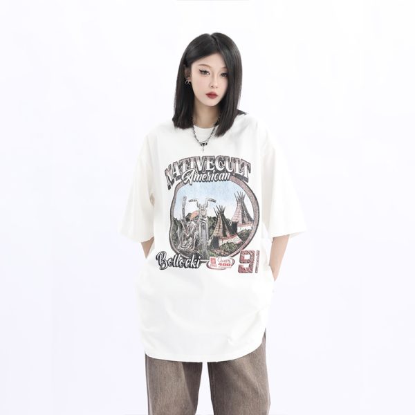 Vintage American Retro High Weight Short Sleeve Women's T-Shirt - Washed Heavy Fabric - High Street Style