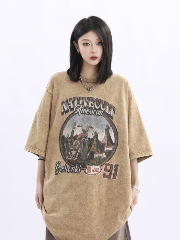 Vintage American Retro High Weight Short Sleeve Women's T-Shirt - Washed Heavy Fabric - High Street Style