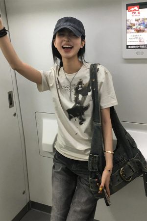 Vintage American Retro T-Shirt for Women with Fire Guitar Print, Short Sleeve Summer Style, Trendy Casual Top