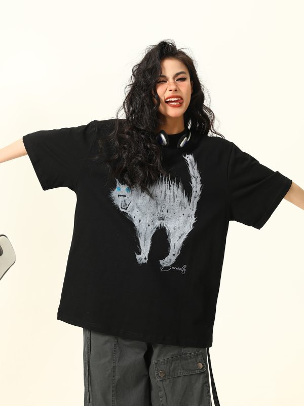 Vintage American Street Cat Short Sleeve T-Shirt for Men and Women, Loose Fit, Niche Design, Versatile Couple Style