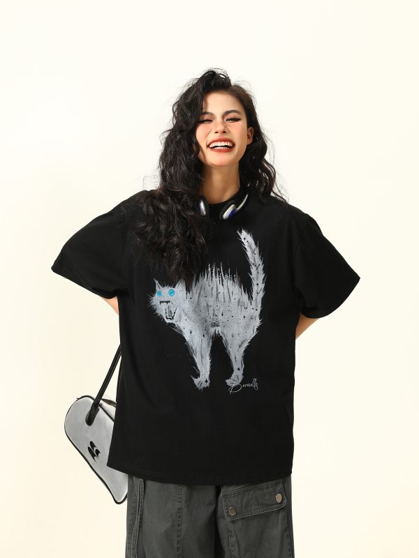 Vintage American Street Cat Short Sleeve T-Shirt for Men and Women, Loose Fit, Niche Design, Versatile Couple Style