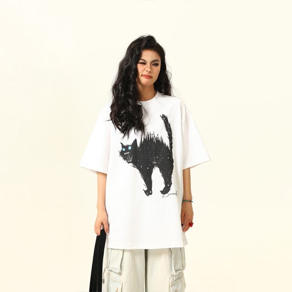 Vintage American Street Cat Short Sleeve T-Shirt for Men and Women, Loose Fit, Niche Design, Versatile Couple Style