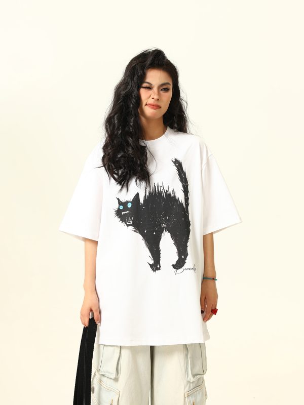 Vintage American Street Cat Short Sleeve T-Shirt for Men and Women, Loose Fit, Niche Design, Versatile Couple Style