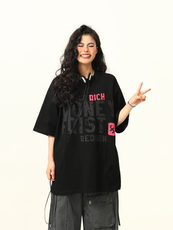 Vintage American Street Letter Print Short Sleeve T-Shirt for Men and Women - Summer Cotton Couple Top, Y2K Style