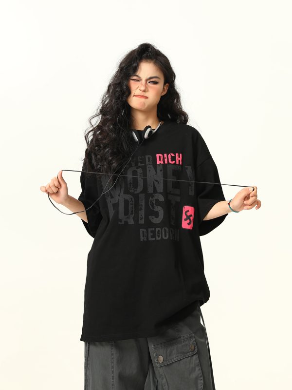 Vintage American Street Letter Print Short Sleeve T-Shirt for Men and Women - Summer Cotton Couple Top, Y2K Style