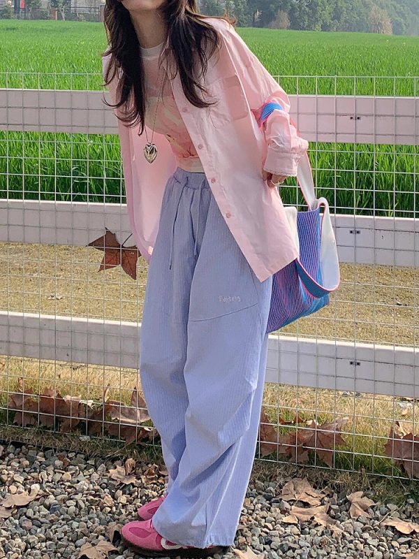 Vintage American-Style Loose-Fitting Wide-Leg Work Pants for Women, Striped Casual Sports Pants with Elastic Waist and Slimming Drape
