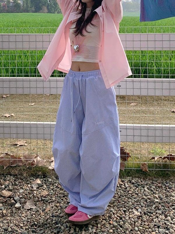 Vintage American-Style Loose-Fitting Wide-Leg Work Pants for Women, Striped Casual Sports Pants with Elastic Waist and Slimming Drape
