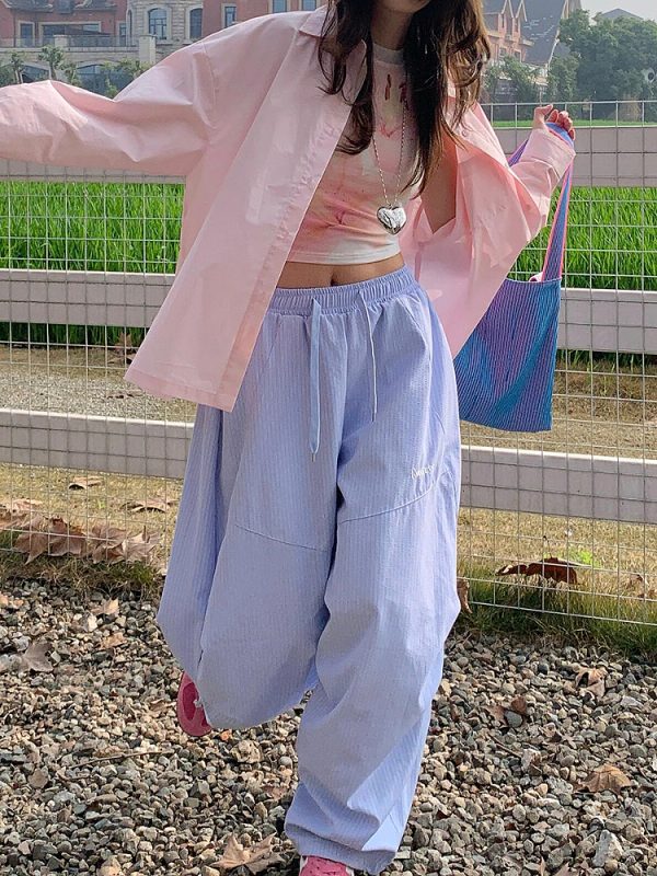 Vintage American-Style Loose-Fitting Wide-Leg Work Pants for Women, Striped Casual Sports Pants with Elastic Waist and Slimming Drape