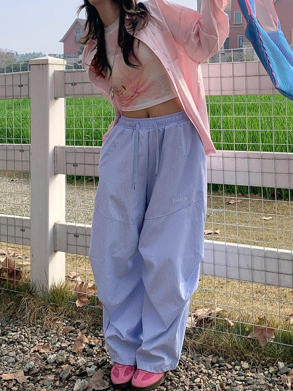 Vintage American-Style Loose-Fitting Wide-Leg Work Pants for Women, Striped Casual Sports Pants with Elastic Waist and Slimming Drape